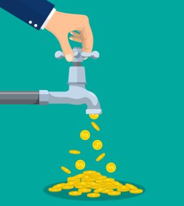 Golden coins fall out of the metal tap. Vector illustration in flat style